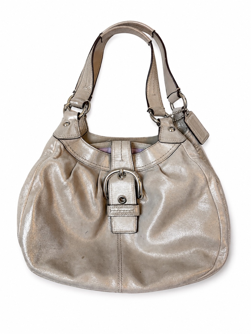 Coach Soho Lynn Metallic Leather Hobo Bag Champagne Silver F15527 Y2K Vintage